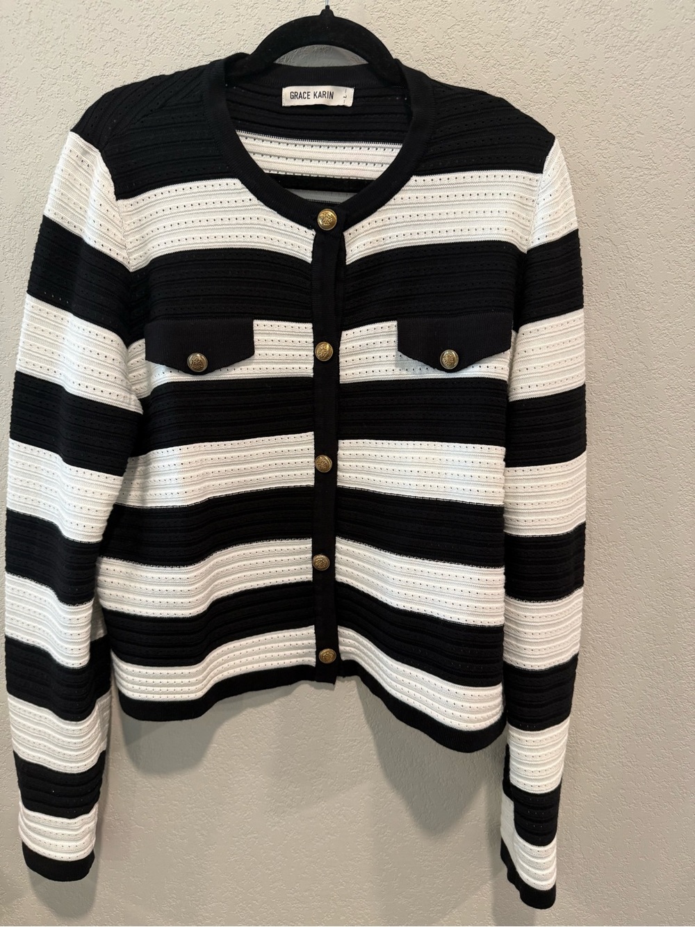 Grace Karin Black & White Striped Button-Up Lady Jacket